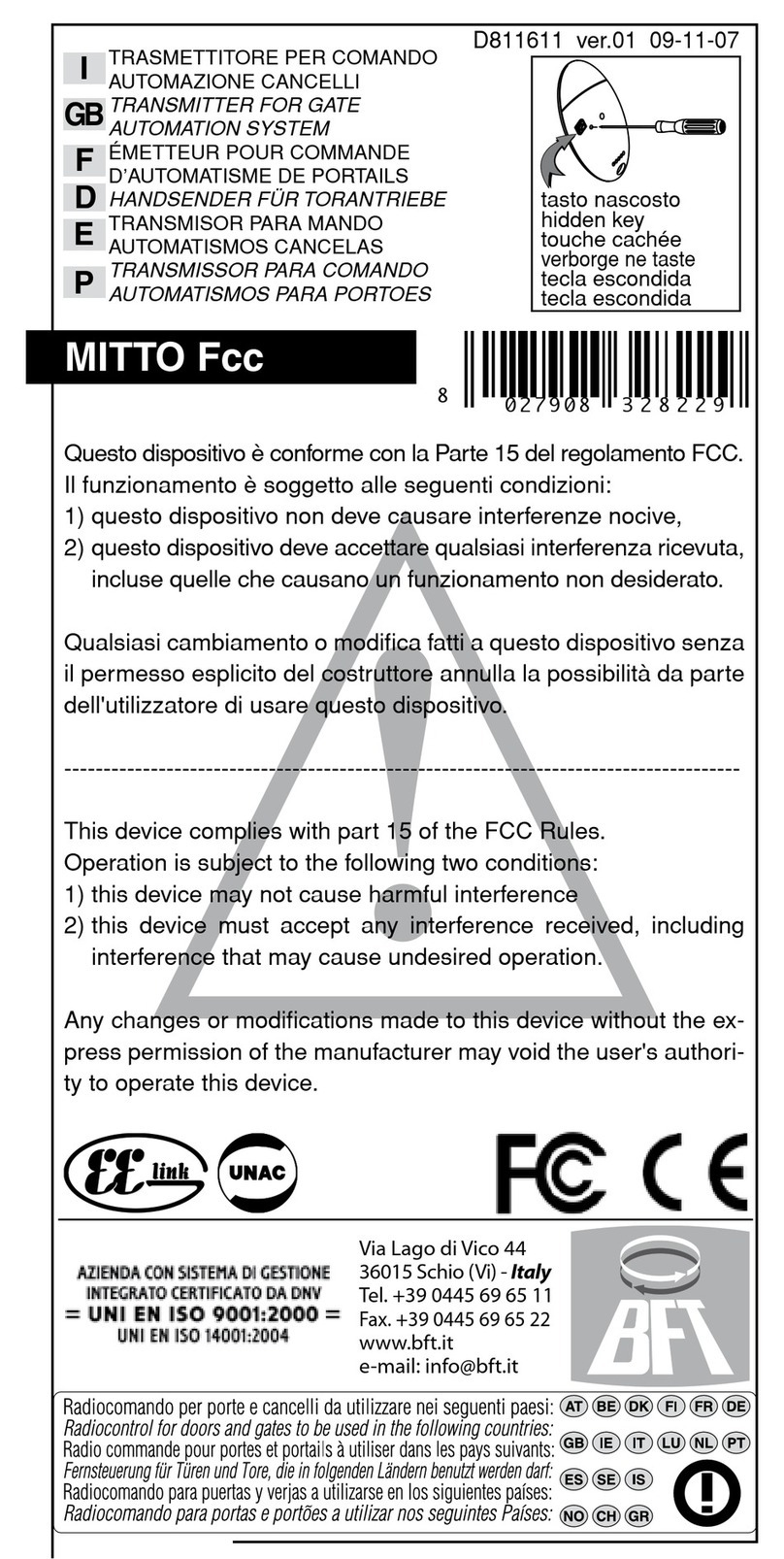 BFT MITTO Fcc User manual