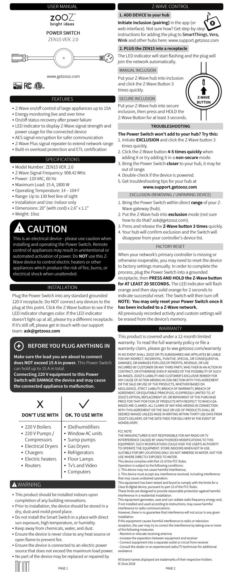 ZooZ ZEN15 VER. 2.0 User manual