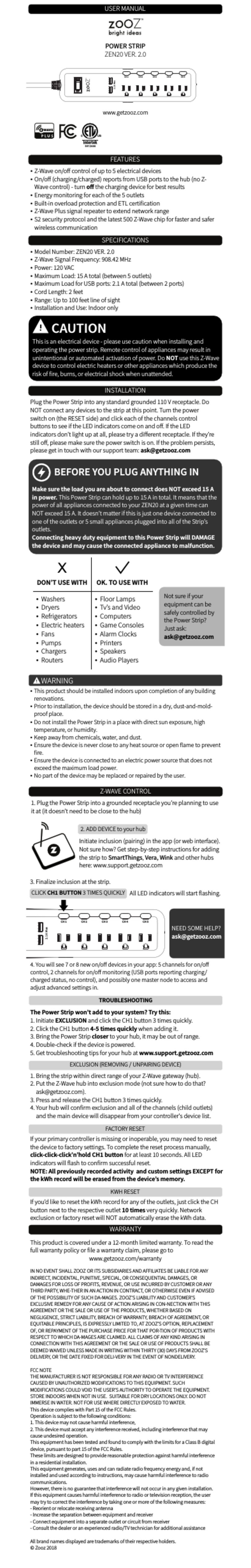 ZooZ ZEN20 VER. 2.0 user manual