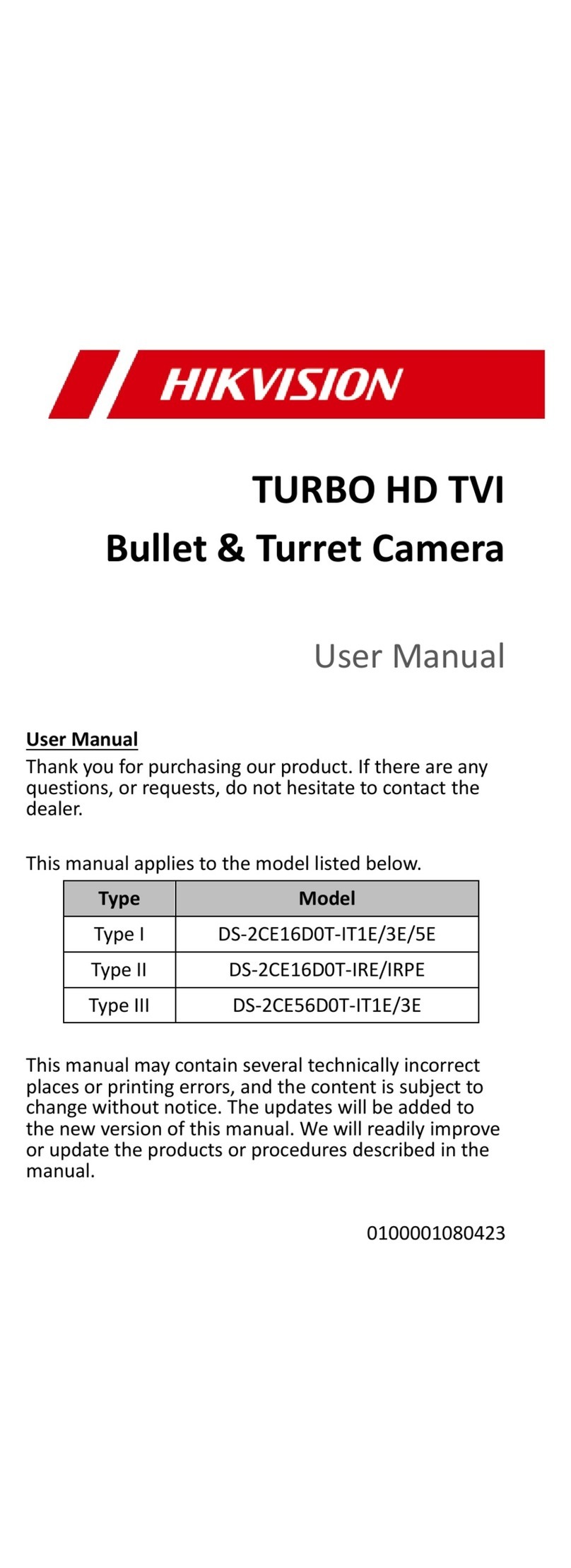 HIK VISION TURBO HD TVI DS-2CE16D0T-IT1E User manual