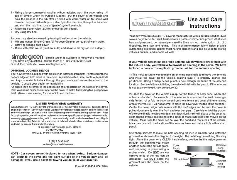 CoverCraft WeatherShield HD Use and care instructions