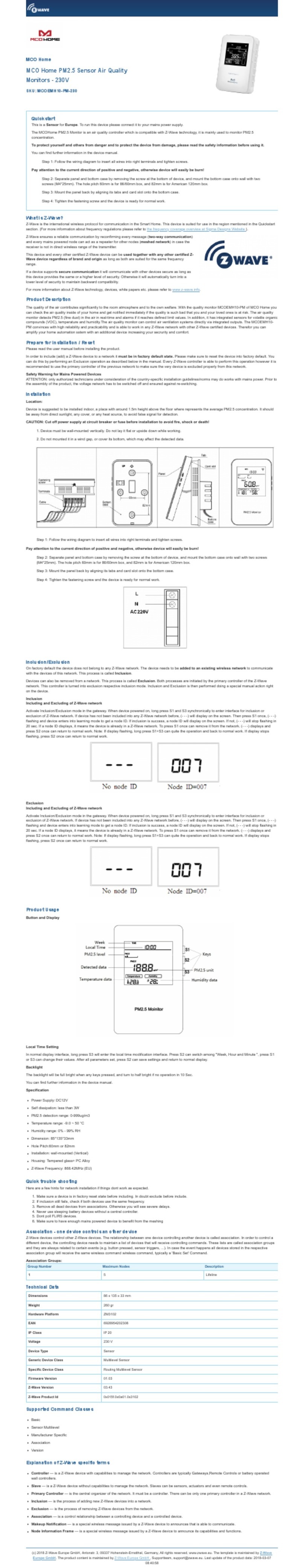 MCOHome MCOEMH10-PM-230 manual