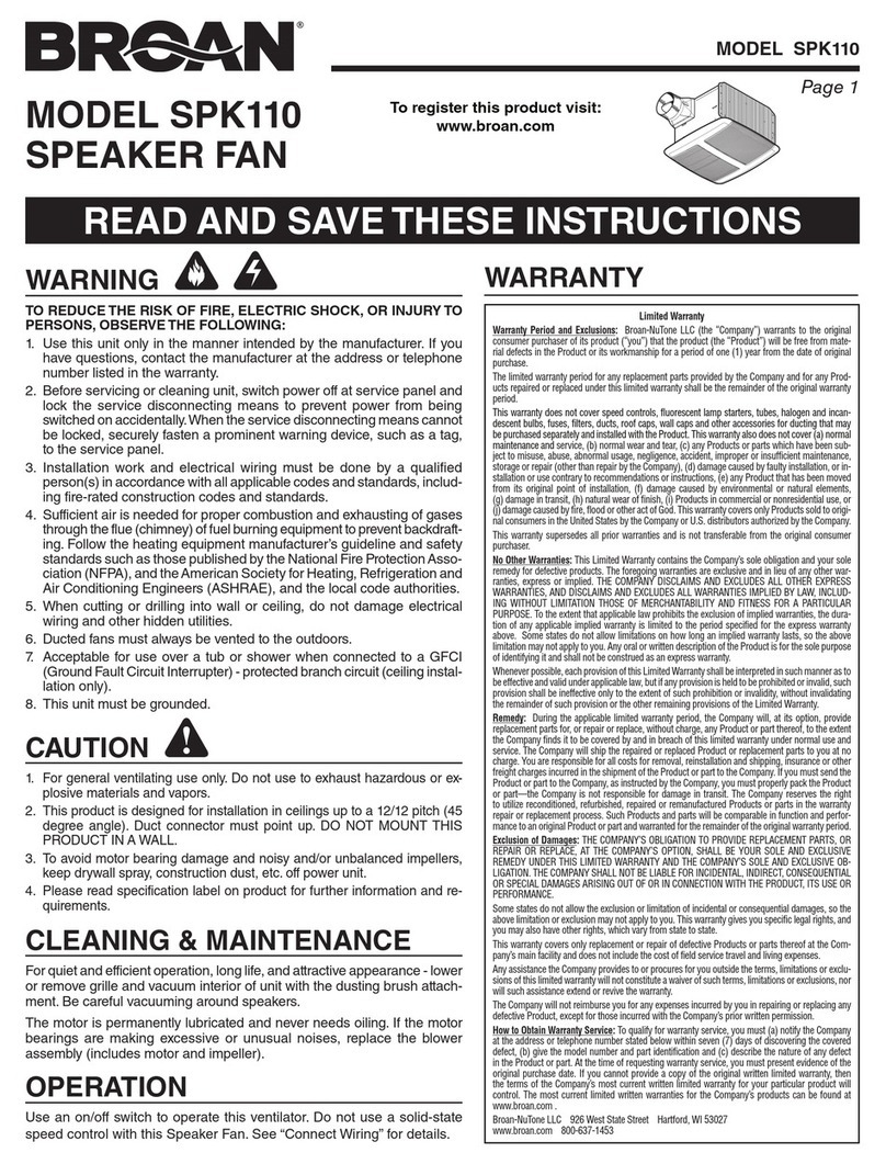 Broan SPK110 SPEAKER FAN instructions