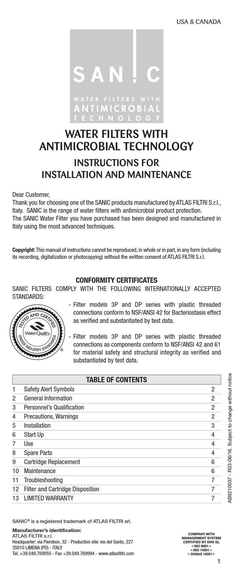 Atlas Filtri Sanic Instruction for installation and maintenance Atlas Filtri Sanic Instruction for installation and maintenance