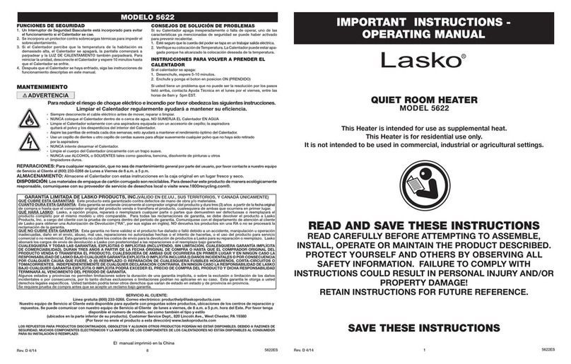 Lasko 5622 Important instructions & operating manual