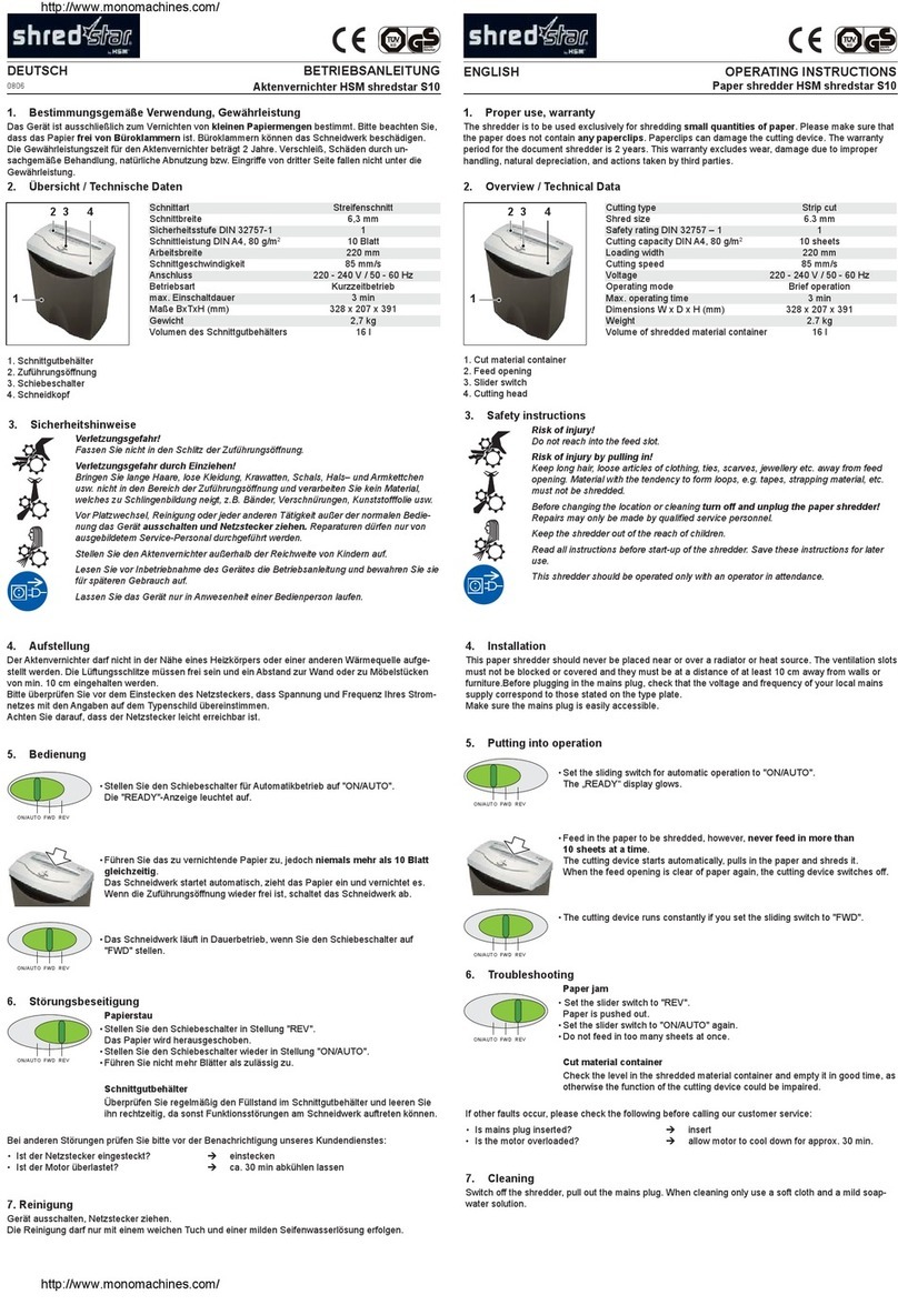 HSM shredstar S10 operating instructions