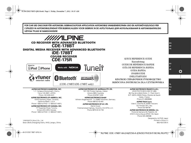 Alpine CDE-178BT Quick reference guide Alpine CDE-178BT Quick reference guide