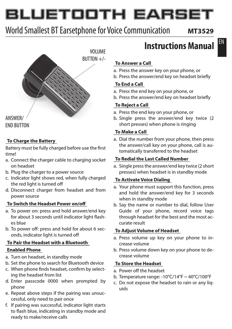 MediaTech BLUETOOTH EARSET MT3529 instruction manual