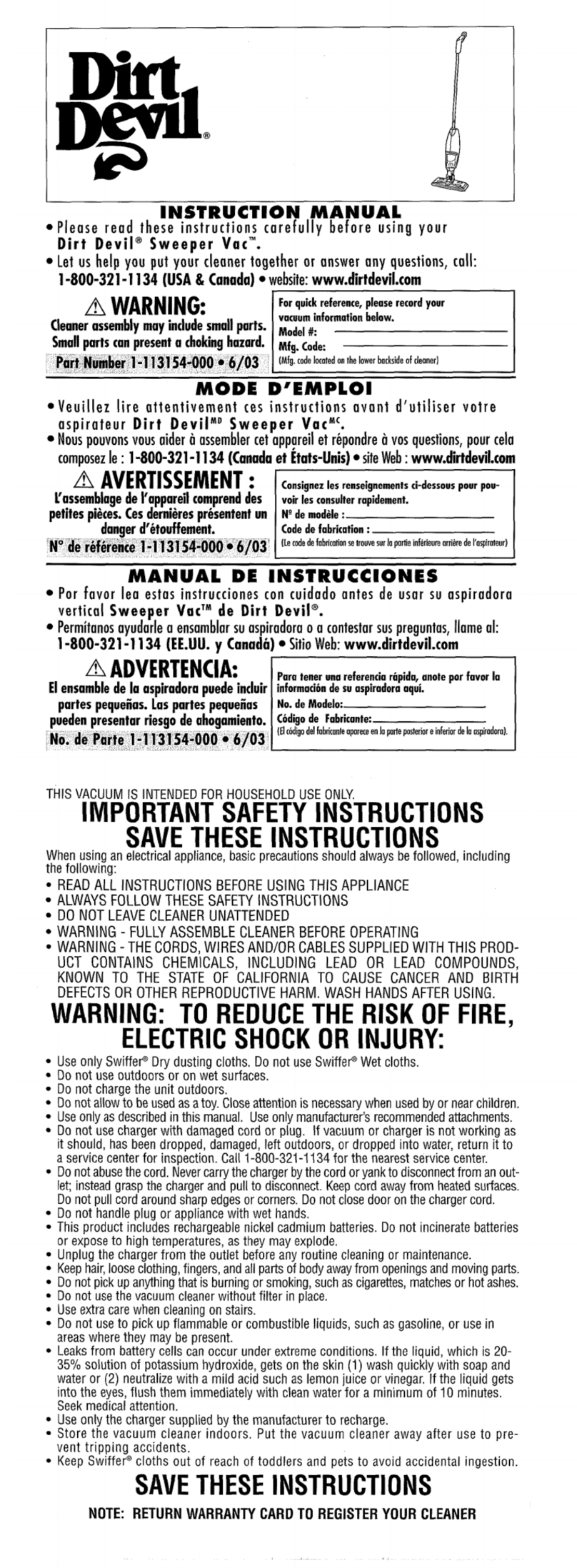 Dirt Devil M083000B instruction manual