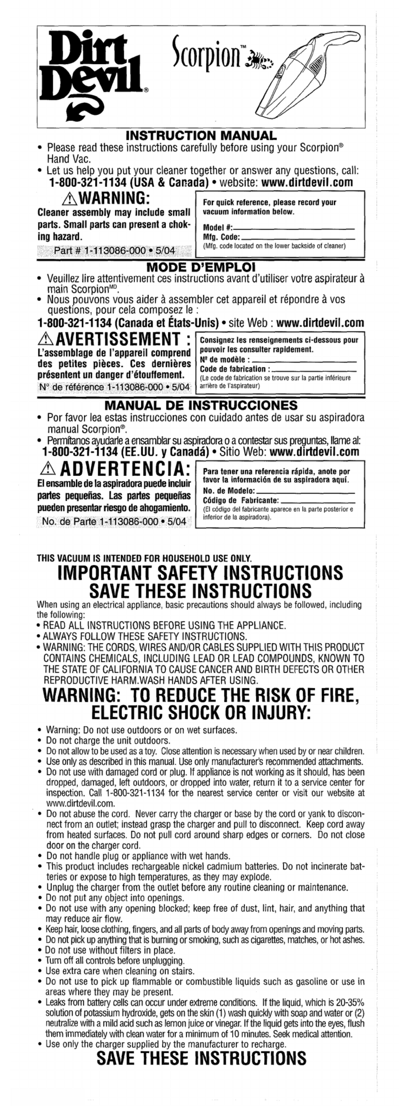 Dirt Devil Scorpion User manual
