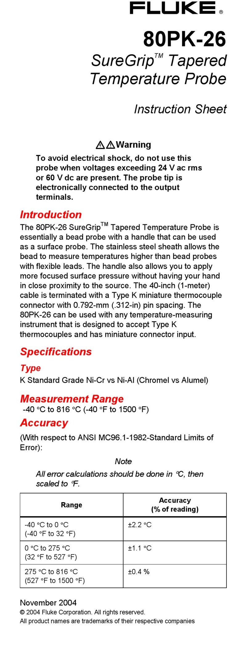 Fluke 80PK-26 User manual