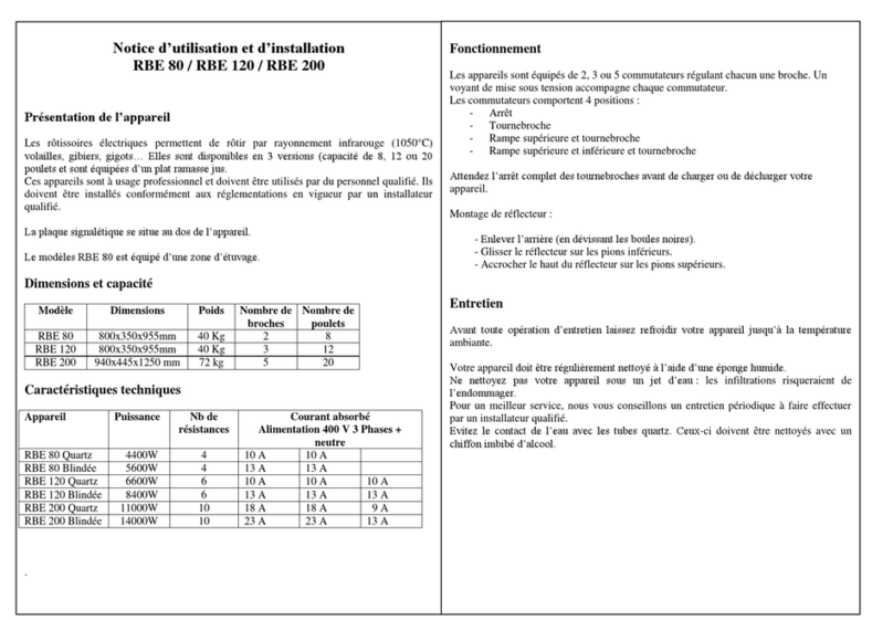Roller Grill RBE 80 Instructions for use and installation