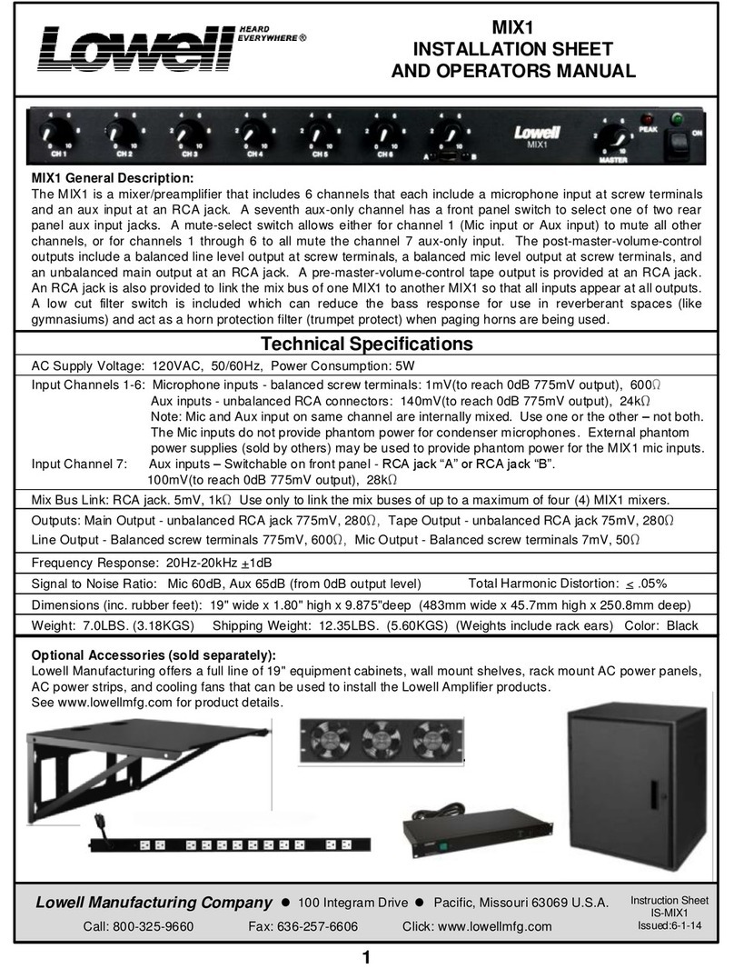 Lowell MIX1 Installation sheet and operators manual