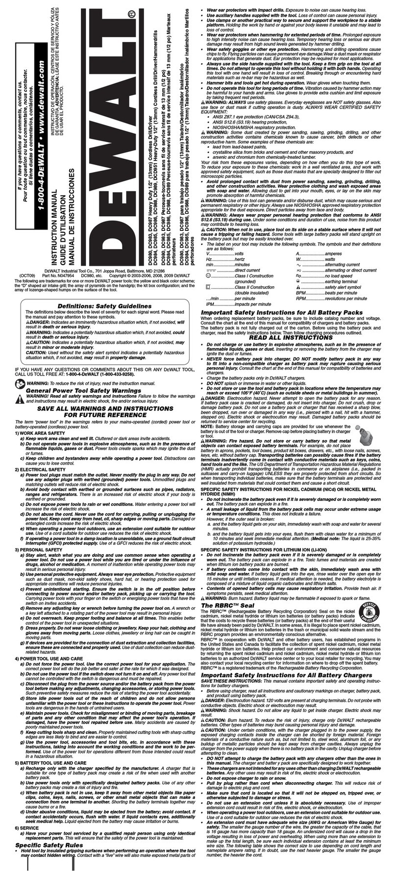 DeWalt DC980 Heavy Duty XRP instruction manual