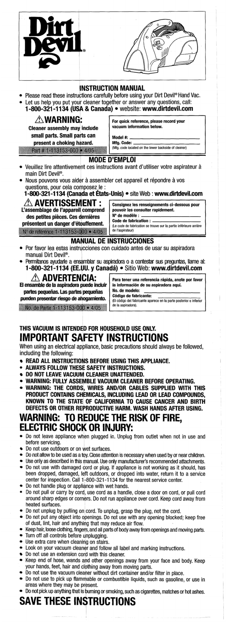 Dirt Devil M08245 User manual