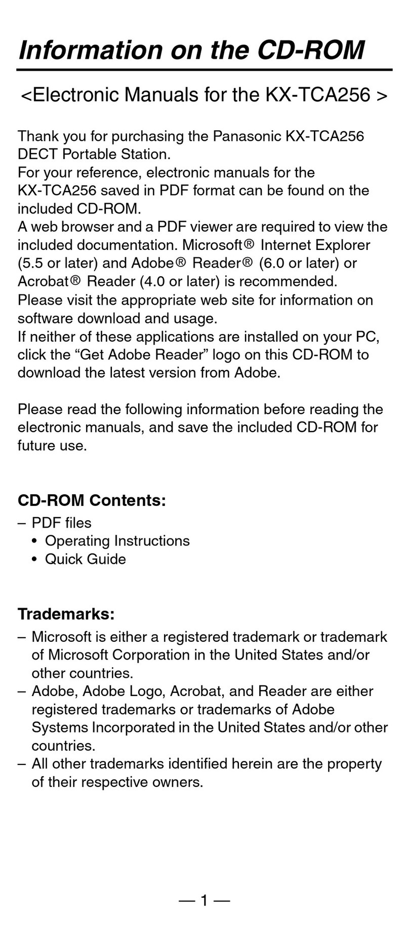 Panasonic DECT Portable Station KX-TCA256 User manual