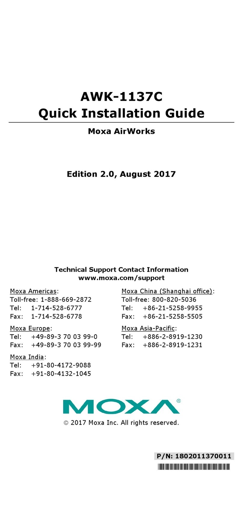 Moxa Technologies AirWorks AWK-1137C Quick installation guide Moxa Technologies AirWorks AWK-1137C Quick installation guide