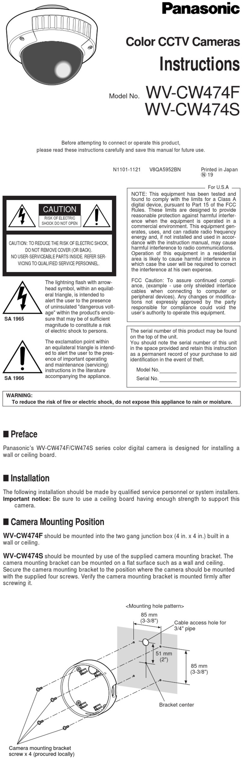 Panasonic WVCW474F - COLOR CCTV CAMERA User manual Panasonic WVCW474F - COLOR CCTV CAMERA User manual