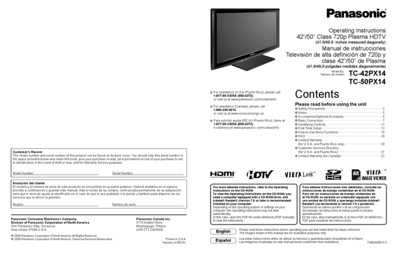 Panasonic TC-42PX14 - 42" Plasma Panel operating instructions
