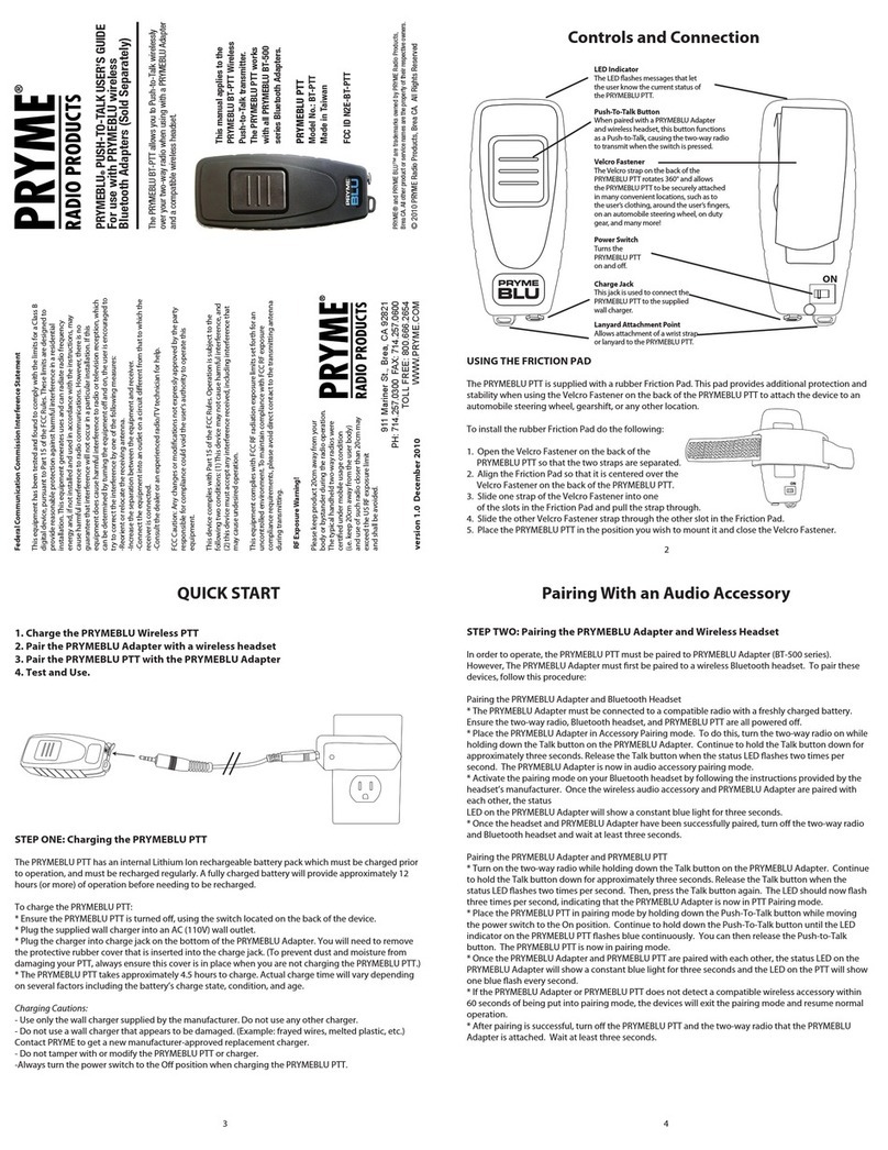 PRYME Radio Product PRYMEBLUPUSH-TO-TALK user guide
