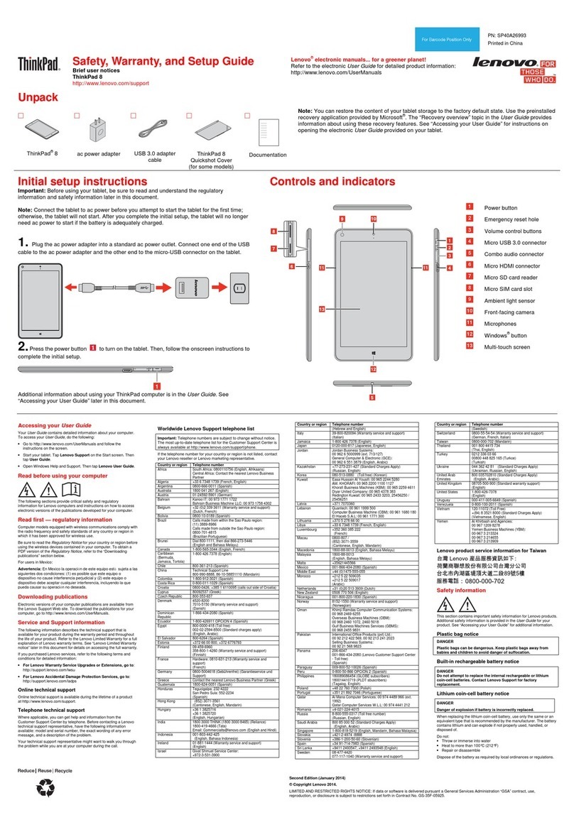 Lenovo ThinkPad 8 Safety, warranty, and setup guide