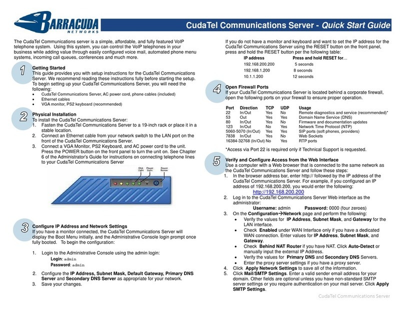Barracuda Networks CudaTel Communications server quick start guide