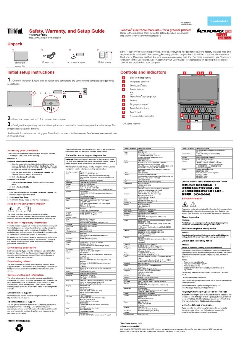 Lenovo ThinkPad T430u Safety, warranty, and setup guide Lenovo ThinkPad T430u Safety, warranty, and setup guide