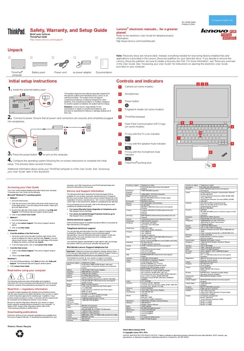 Lenovo ThinkPad X240 Safety, warranty, and setup guide