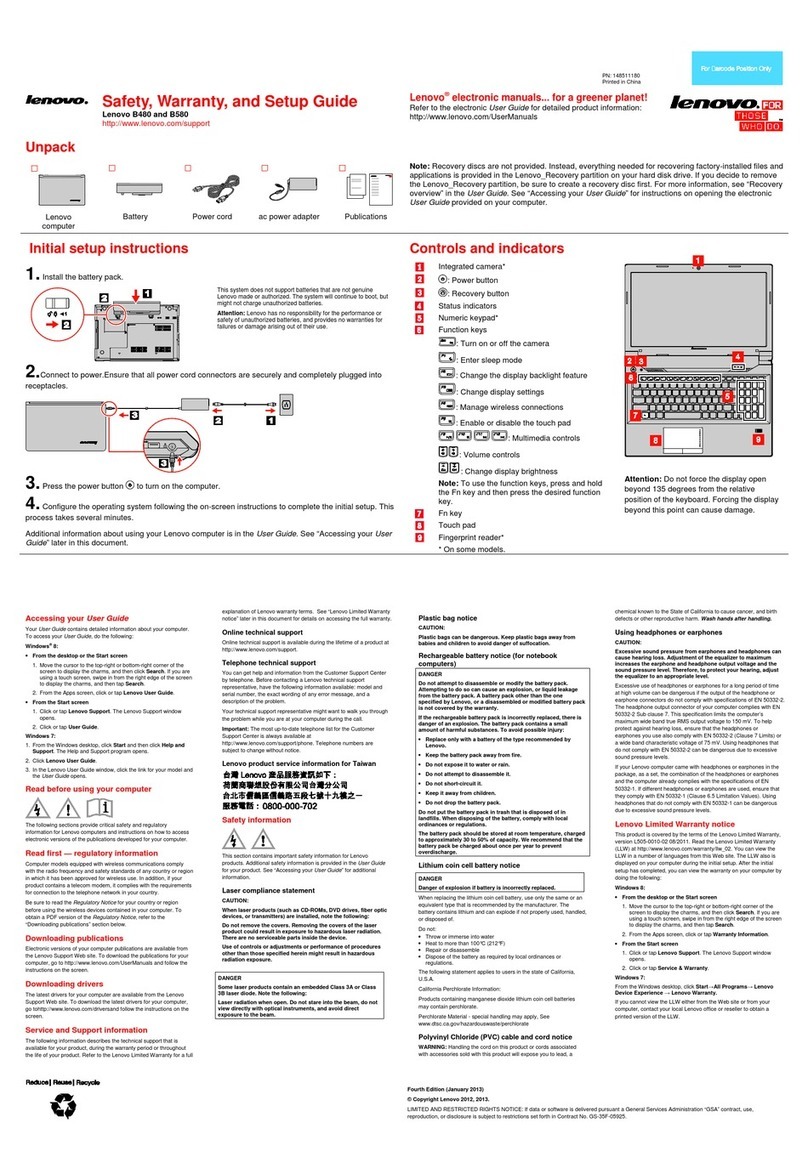 Lenovo B480 Safety, warranty, and setup guide