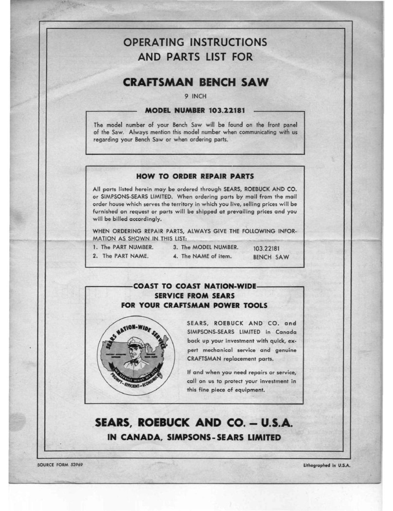 Craftsman 103.2.2.181 Operating instructions and parts list