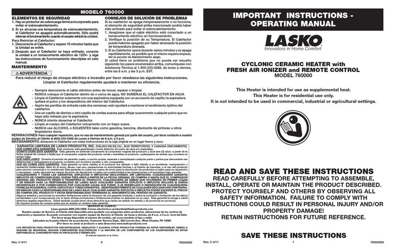 Lasko 760000 operating manual