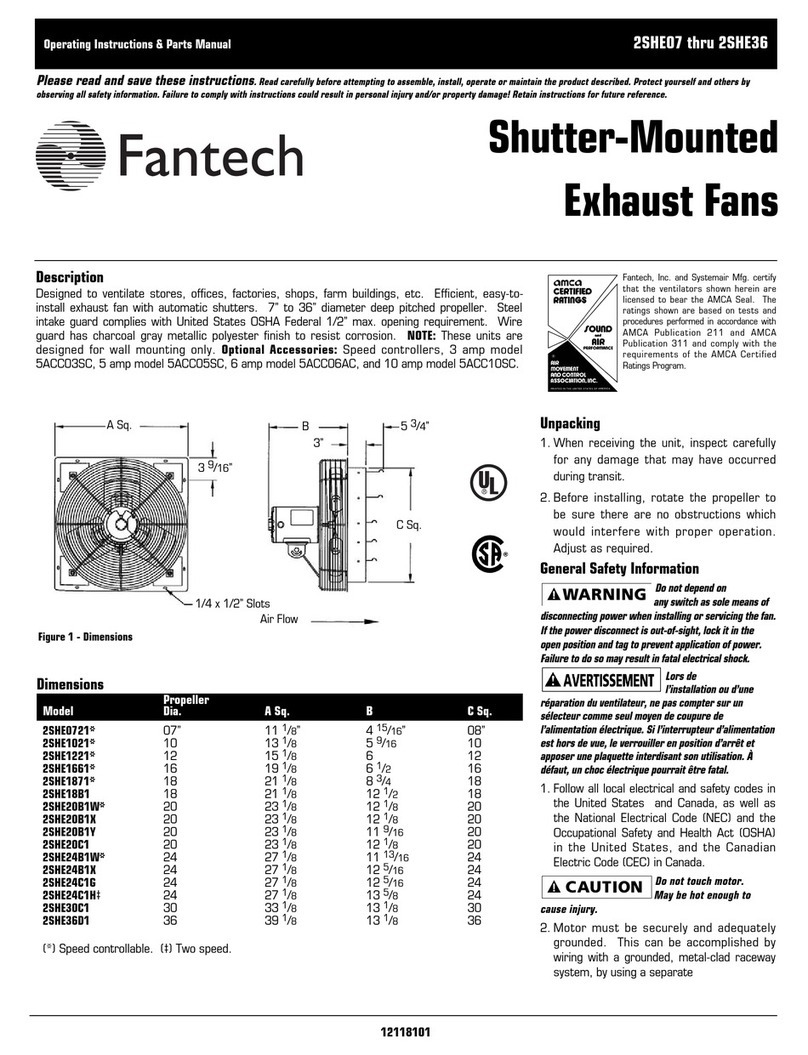 Fantech 2SHE0721 Series Operating instructions & parts manual
