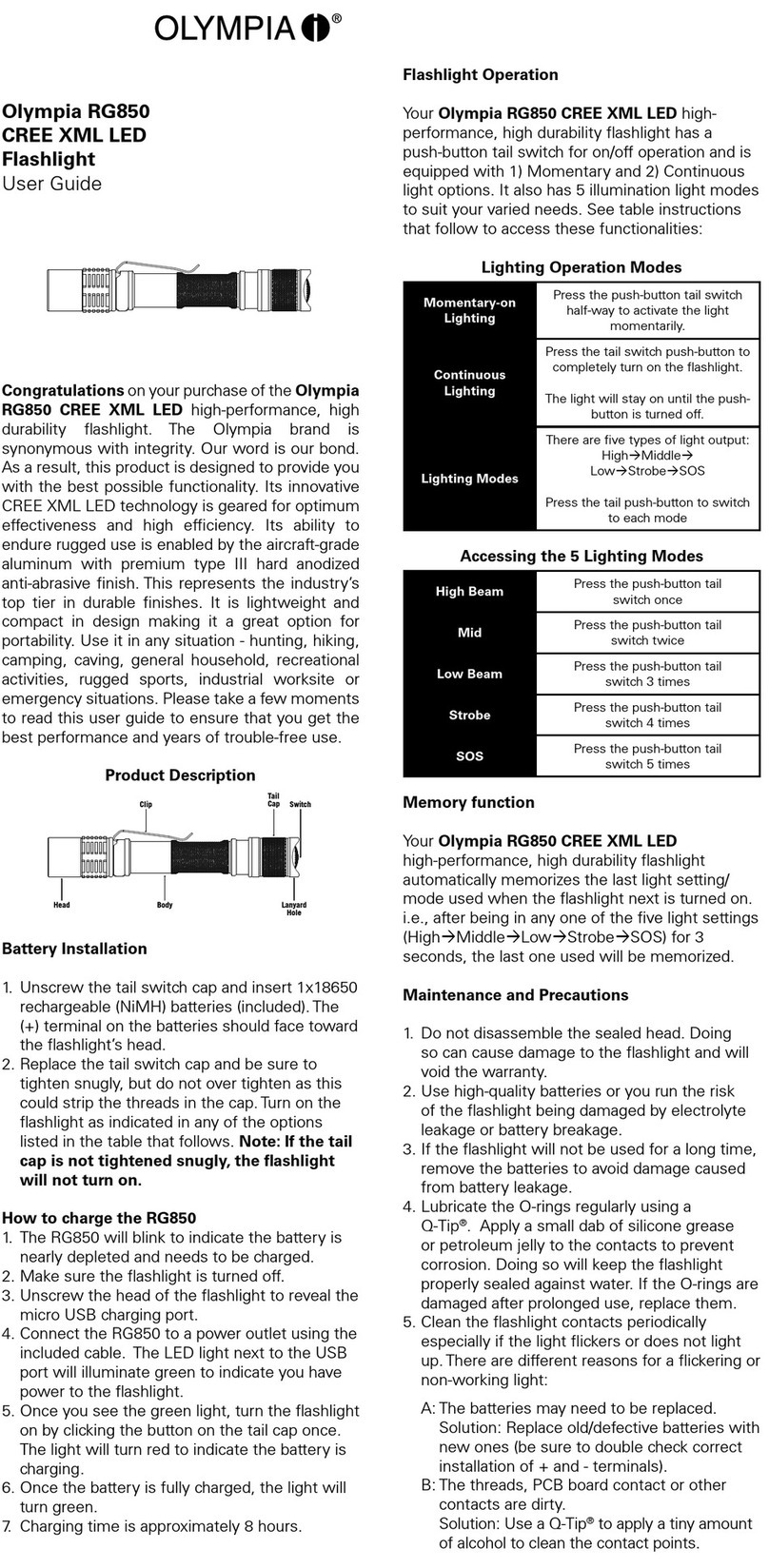 Olympia RG850 CREE XML LED User manual