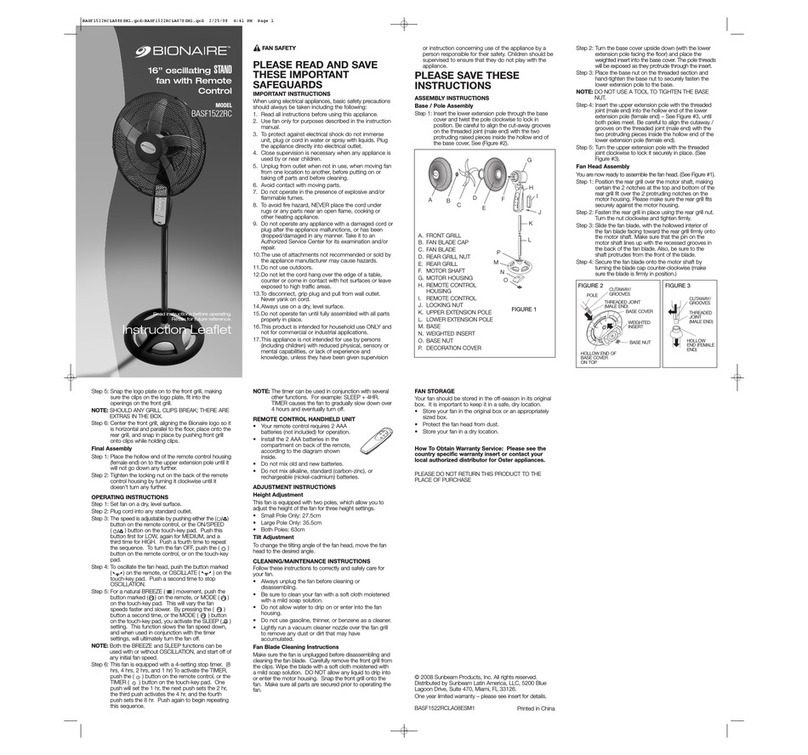Bionaire BASF1522RC Instruction leaflet
