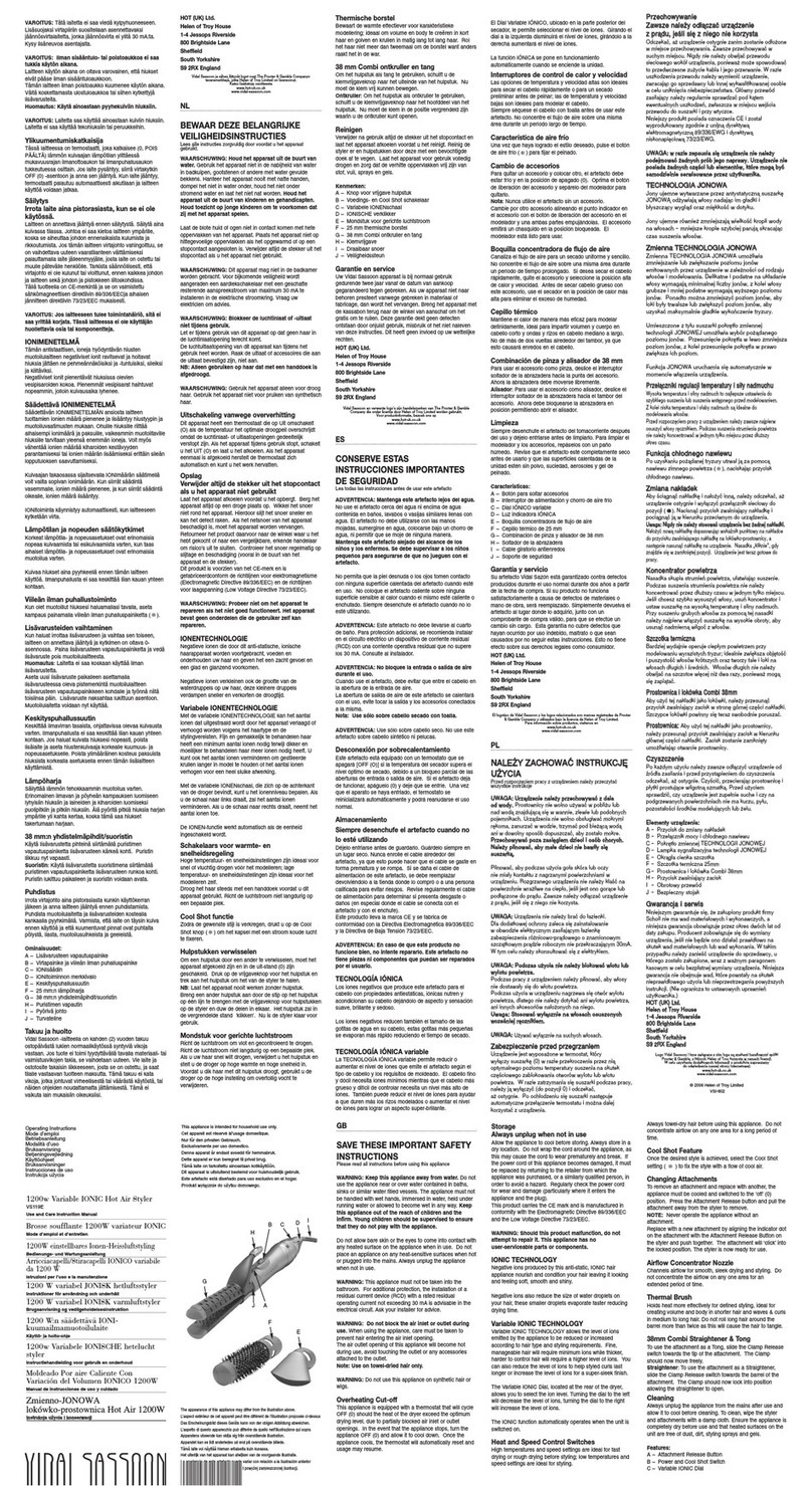 Vidal Sassoon VS119E Safety instructions