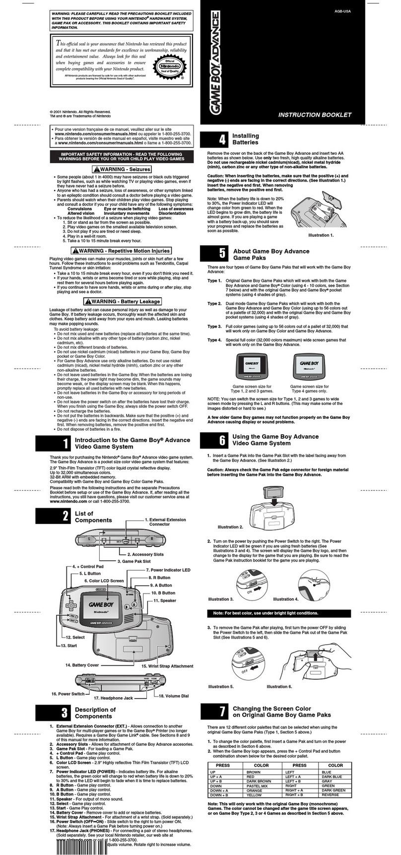 Nintendo Gameboy Advance Instruction booklet