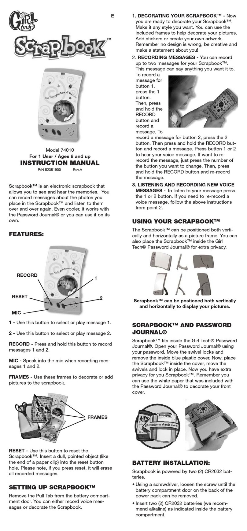 Girl tech Scrapbook Model 74010 instruction manual