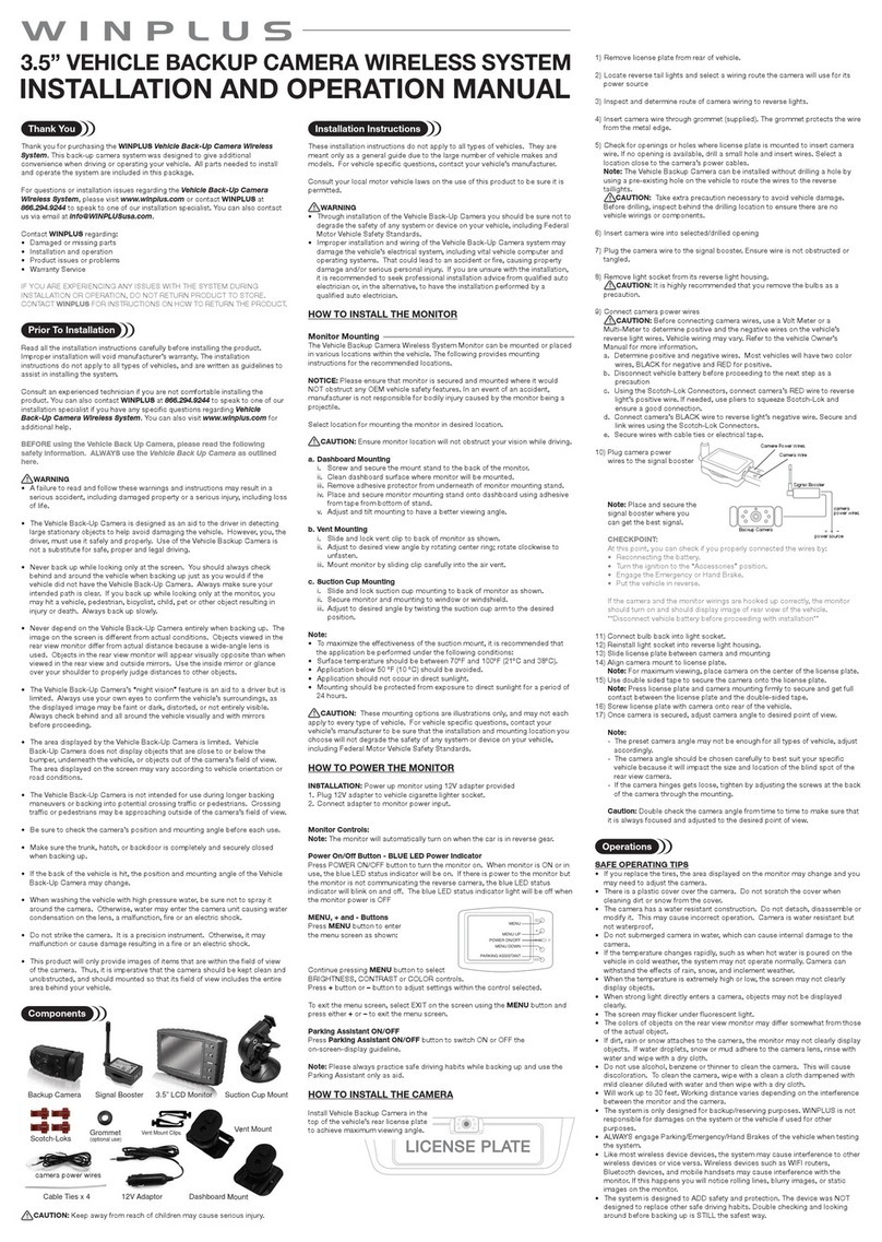 Winplus 3.5 VEHICLE BACKUP CAMERA WIRELESS SYSTEM Installation and operation manual