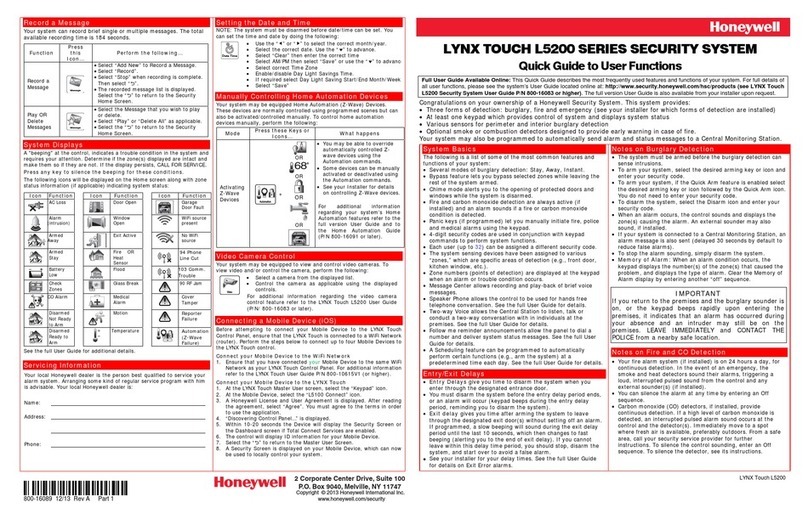 Honeywell LYNX TOUCH L5200 quick guide