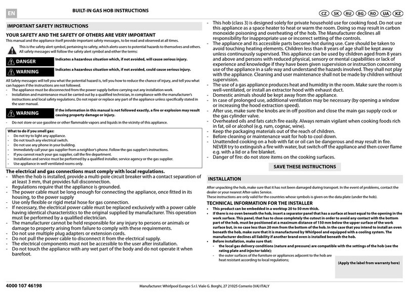 Whirlpool BUILT-IN GAS HOB User manual