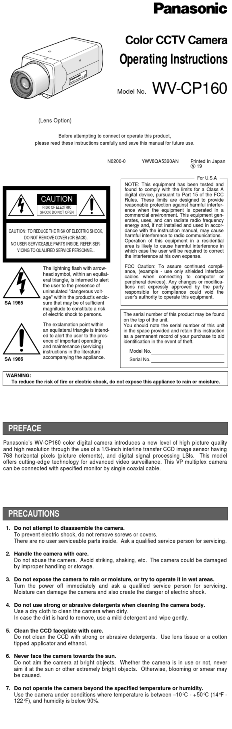 Panasonic WVCP160 - COLOR CCTV CAMERA operating instructions