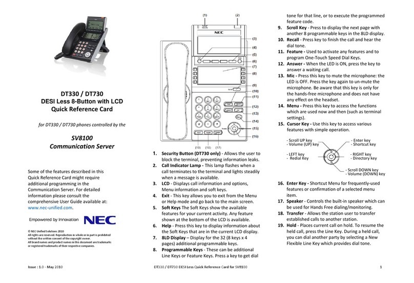 NEC DT330 Quick reference card