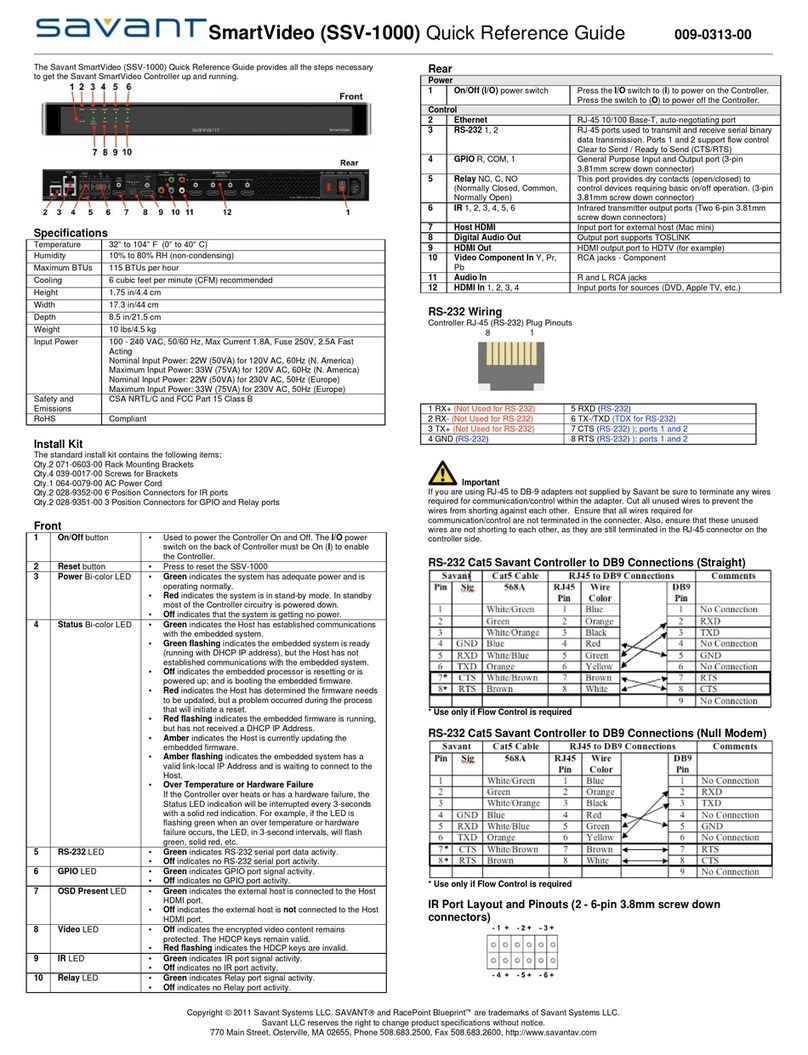 Savant SmartVideo SSV-1000 Quick reference guide