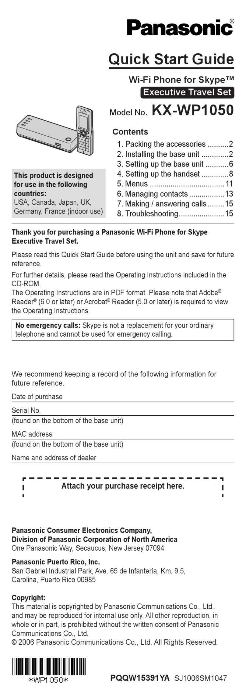 Panasonic KX WP1050 User manual