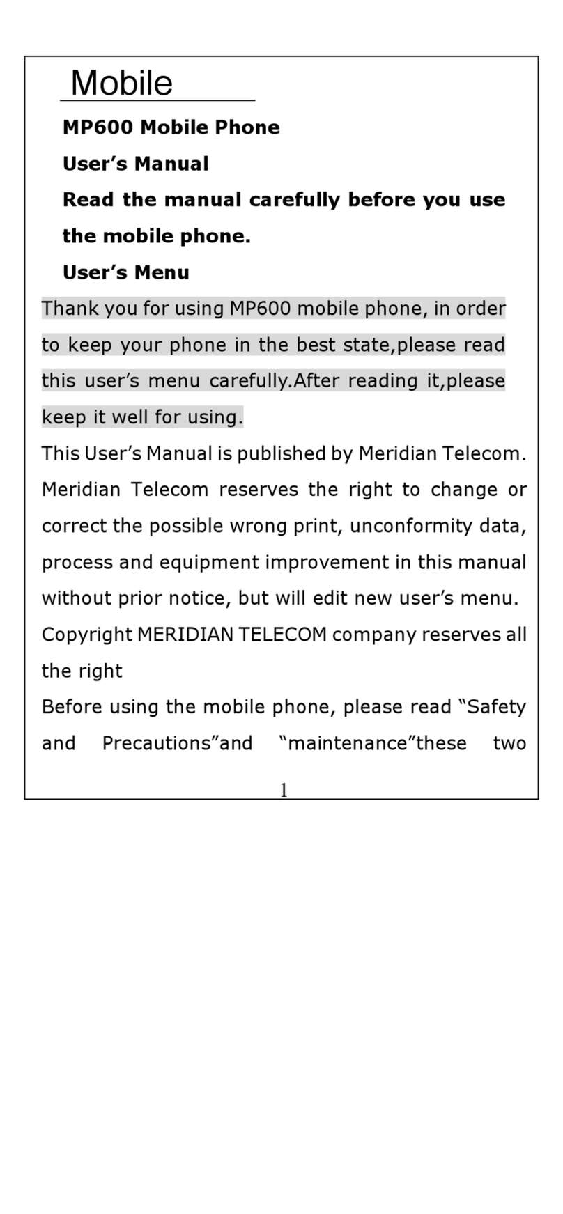 Meridian Telecom MP600 user manual