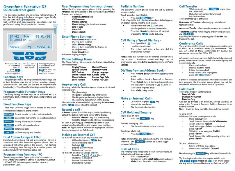 Opera Operafone Executive D3 Quick reference guide