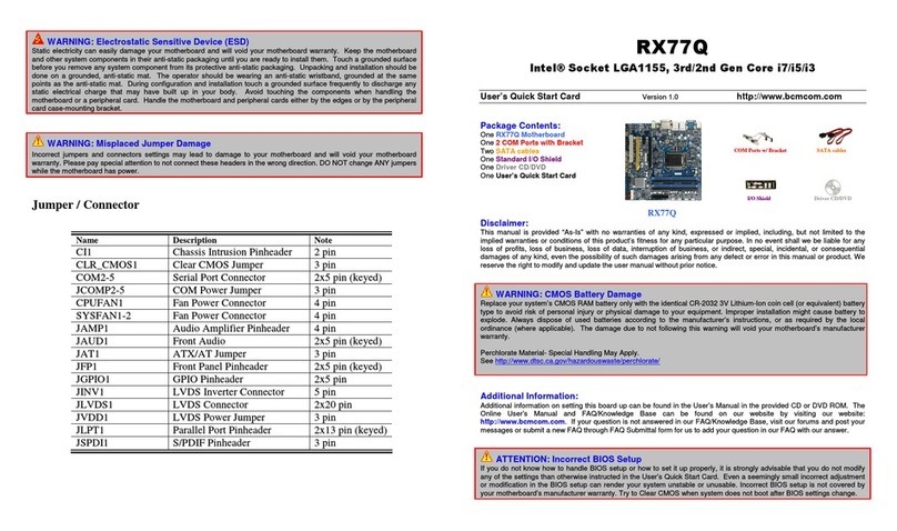 BCM RX77Q User's quick start card