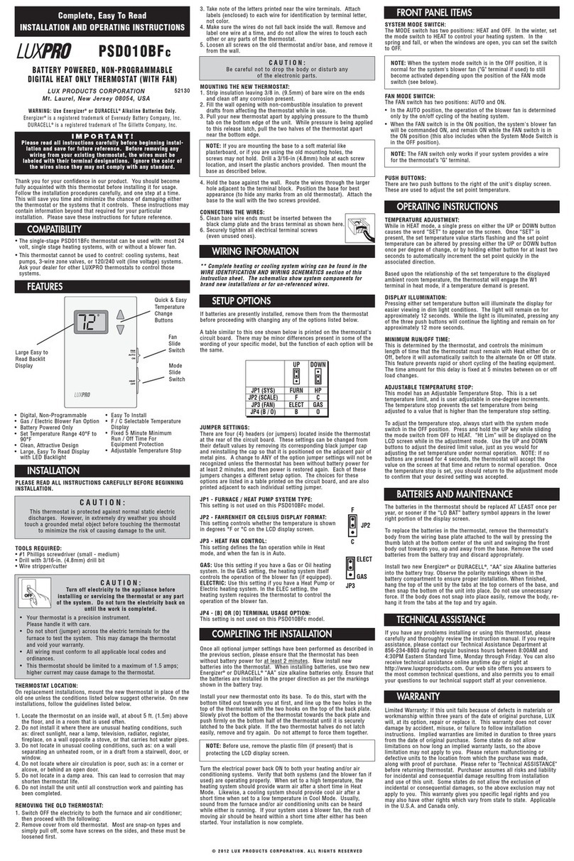 Lux Products PSD010BFC Installation and operating instructions