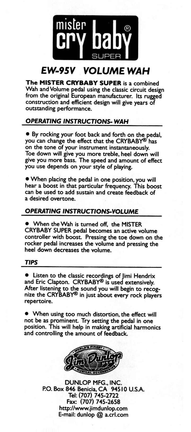 DUNLOP CRYBABY EW-95V operating instructions