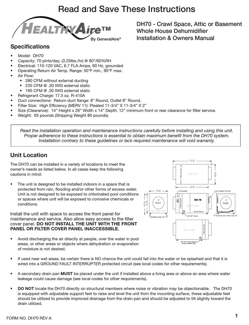 HealthyAire DH70 Installation & owner's manual
